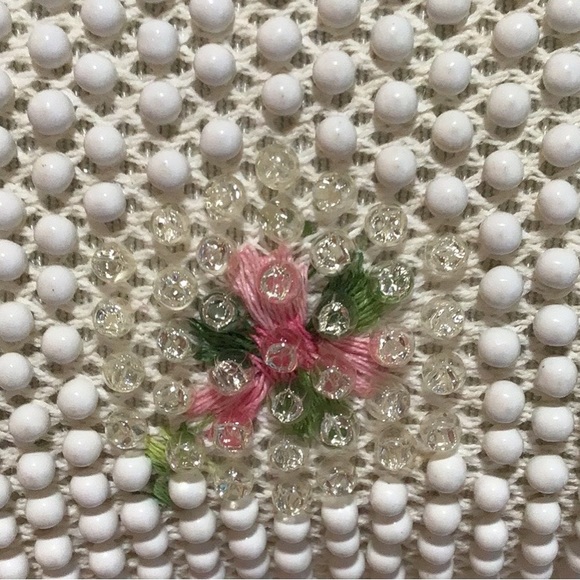 Vintage Frame Beaded Evening Bag, Ivory, Clear, Pink, Green Beading, Kiss Clasp - Picture 6 of 11